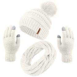 Aneco Warme Winter-Strick-Sets für Damen, Mütze mit Pelzbommel, Loop-Schal, Touchscreen-Handschuhe, Wintergeschenkzubehör Gr. 85, weiß von Aneco