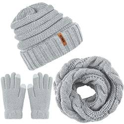 Aneco Winter Warm Strickschal Beanie Mütze und Handschuhe Set Herren & Damen Soft Stretch Mütze Schal und Handschuh Set (Hellgrau) von Aneco