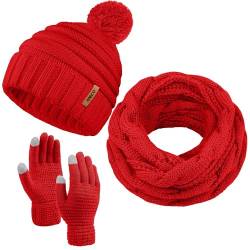 Aneco Winter Warm Strickschal Beanie Mütze und Handschuhe Set Herren & Damen Weich Stretch Mütze Schal und Fäustling Set, rot, Medium von Aneco