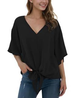 Anelune Damen Chiffon Blusen mit V-Ausschnitt und Bindung vorne Fledermausärmel Kurzarm Sommerliche Oberteile und Hemden von Anelune