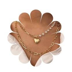 Aneneiceera Boho Layered Pearl Choker Halskette Kette Vintage Gold Herz Anhänger Kubanische Kette Rock Bead Herz Halskette Asymmetrische Perlenstrang Halskette Schmuck für Frauen und Mädchen (Gold) von Aneneiceera