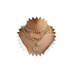 Aneneiceera Boho Multilayer Coin Halskette Vintage Gold Chunky Link Cuban Chain Choker Rock Statement Layered Coin Halskette Disc Coin Pendant Halskette Charm Schmuck für Frauen und Mädchen (Gold) von Aneneiceera