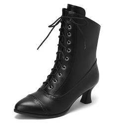 Anfuffjie Viktorianisch Damen Stiefeletten Vintage Gothic Schnürstiefel aus Leder Hochzeit Bier Festival Steampunk (001 Black, Erwachsene, Damen, 38, Numerisch, EU Schuhgrößensystem, M) von Anfuffjie