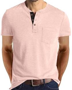 Mode Herren Henley Shirts Klassische Kurzarm Basic Knopf Baumwolle T-Shirt mit Tasche, Pink, XX-Large von Angbater