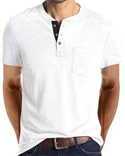 Mode Herren Henley Shirts Klassische Kurzarm Basic Knopf Baumwolle T-Shirt mit Tasche, Weiss/opulenter Garten, XX-Large von Angbater