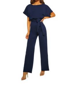 Angel ZYJ Damen Kurzarm Lang Jumpsuit Elegant Weite Bein Overall Jumpsuits Playsuit Romper mit Gürtel (M, Marineblau) von Angel ZYJ