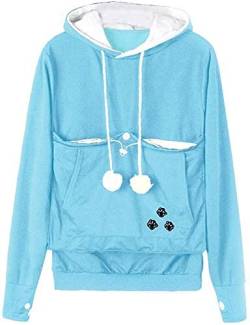 Angel ZYJ Damen Pullover Kapuzenpullover mit Katzen Hund Tasche Hundetasche Katze Sweatshirt Pulli Hoodie Kapuze Katzenpulli Beutel Langarm Herbst Winter große größen (Hellblau,M) von Angel ZYJ