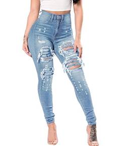 Angel ZYJ Damen Skinny Jeans Stretch Jeanshose Löcher Röhrenjeans Bleistift Hosen High Waist Dünn Leggings (as3, Alpha, xx_l, Regular, Regular, Hellblau-1) von Angel ZYJ