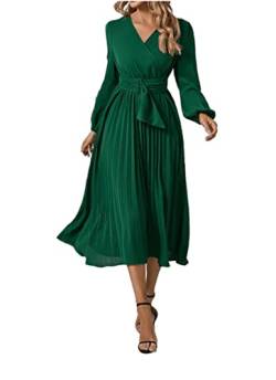 Damen Elegant Kleider Langarm V-Ausschnitt Plissee Kleid Knielang Kleid mit Gürtel Freizeitkleid (as3, Alpha, l, Regular, Regular, Grün) von Angel ZYJ