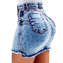 Damen Sommerrock Jeansrock Stretch Denim Mini Kurze Röcke mit Fransen (as3, Alpha, m, Regular, Regular, Hellblau) von Angel ZYJ