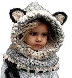 Winter Wolle Gestrickte Hüte Schals Kapuze Mönchskutte Beanie Mützen für Kinder Junge Baby Mädchen Schalmütze Mütze Wolleschal warme Earflap Fox Cap (Grau) von Angel ZYJ