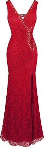 Angel-fashions Damen V-Ausschnitt Spitze Teilt Gekräuselt Bördeln Mantel Hochzeitskleid (XL, rot) von Angel-fashions