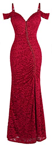 Angel-fashions Damen V-Ausschnitt Spitze Teilt Gekräuselt Bördeln Mantel Hochzeitskleid (XXL, Schulterfrei rot) von Angel-fashions