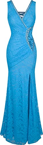 Angel-fashions Damen V-Ausschnitt Spitze Teilt Rusche Perlstickerei Mantel Kleid Medium Hellblau von Angel-fashions