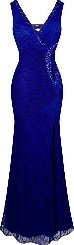 Angel-fashions Damen V-Ausschnitt Spitze Teilt Rusche Perlstickerei Mantel Kleid Small Dunkelblau von Angel-fashions