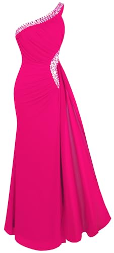 Angel-fashions Frauen eine Schulter Rüschen Perlen Band weiches Abendkleid, Fuscia Pink, XX-Large von Angel-fashions