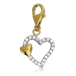 AngelGold - Goldenes Charm-Herz mit Zirkonia, Punze 585 - Karabiner-Armbandanhänger von AngelGold