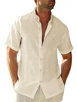 Angeun Herren Leinen Baumwolle Kurzarm Hemden Button Down Stehkragen T-Shirts Slim Fit Casual Basic Shirt mit Tasche, cremefarben, Mittel von Angeun