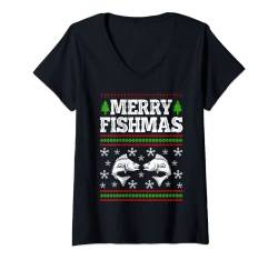 Damen Merry Fishmas Angler Weihnachten Angel T-Shirt mit V-Ausschnitt von Angler Geschenke für Männer Angel Weihnachten