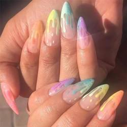 Künstliche Fingernägel, lang, mandelförmig, Regenbogenfarben, zum Aufkleben, Ombré-Nägel, abnehmbar, zum Aufkleben, vollständige Abdeckung, Kunstnägel, Braut-Nagelkunst-Zubehör, 24 Stück von Angwis