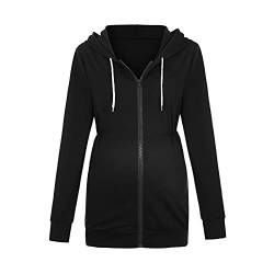 Angxiwan Oberteile Damen Schwangerschaft lässige Sweatshirts Mutterschaft up Reißverschluss Frauen mit Taschen Kapuziner-Ärmellänge Lange Mutterschafts-Bluse Westernhemd Damen Schwarz (Black, M) von Angxiwan