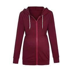 Angxiwan Oberteile Damen Schwangerschaft lässige Sweatshirts Mutterschaft up Reißverschluss Frauen mit Taschen Kapuziner-Ärmellänge Lange Mutterschafts-Bluse Westernhemd Damen Schwarz (Wine, XXL) von Angxiwan