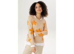 Rundhalspullover ANISTON SELECTED Gr. 36, orange (beige, orange, goldfarben) Damen Pullover Feinstrickpullover mit goldfarbenen Details im Blumenmuster von Aniston