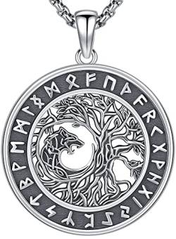 Baum des Lebens Kette Herren Sterling Silber 925 Lebensbaum Wikinger Anhänger Wikinger Runen Kette mit Wolf Halskette Nordisches Amulett Wikinger Schmuck für Männer Herren von Aniu