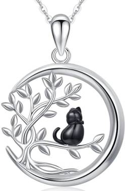 Damen Halskette Katze Sterling Silber 925, Katzen Anhänger Kette Katze Mond Silber, Schwarze Katze Halskette mit Baum des Lebens, Katze Schmuck Geschenk für Mädchen Damen Kinder von Aniu