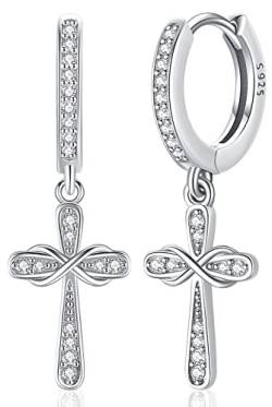 Kreuz Ohrringe Damen Sterling Silber 925, Creolen Ohrringe mit Kreuz Anhänger, Kreuz Ohrstecker Hängend, Ohrringe Kreuz mit Zirkonia, Kreuz Schmuck für Frauen Damen von Aniu