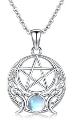 Triple Moon Göttin Halskette Sterling Silber Pentagramm Pentacle Anhänger Halskette Mondstein Kette Wiccan Amulett Schmuck Geschenke für Frauen 18" von Aniu