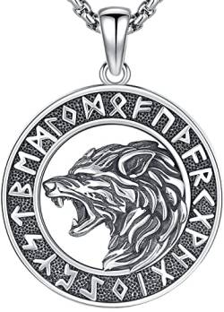 Wikinger Wolf Kette für Herren, Männer Wolf Anhänger Silber 925, Wikinger Fenrir Halskette mit Runen, Wikinger Wolf Schmuck für Männer Herren von Aniu