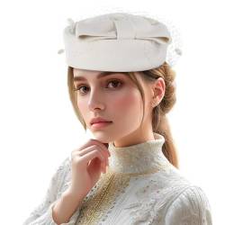 Aniwon Pillbox Hut, Hochzeit Hut Caps mit Schleier Vintage Schleife Fascinator Hüte Kappen für Frauen, A weiß, 5-5 1/8 von Aniwon