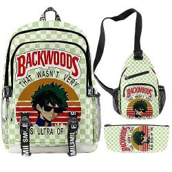 Anjinguang My Hero Academia/MHA Rucksack 3-teiliges Set mit Lunchtasche Federmäppchen MHA Schultaschen Set für Mädchen Jungen Teens Anime Cosplay Rucksack Büchertasche Computertasche, Typ 3, 44*30cm von Anjinguang