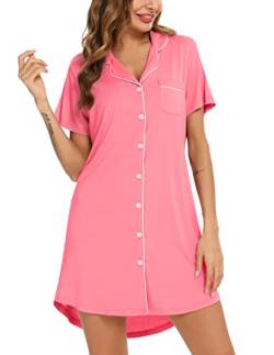 Anjue Pyjama-Nachthemden für Frauen Button-Down-Pyjama-Tops Kurz/Langarm Nachtwäsche Schlafhemden Nachthemd S-XXL, Kurzärmelig, Korallenrot, Medium von Anjue