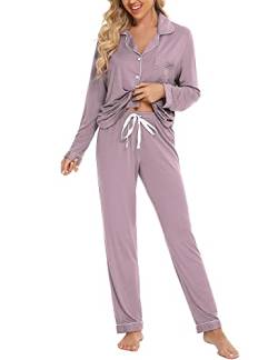 Anjue Pyjama für Frauen Weiche Knopfleiste Pyjama Set Langarm Hemd und Pyjamahose Lounge-Sets S-XXL, Lavendel, M von Anjue