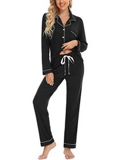 Anjue Pyjama für Frauen Weiche Knopfleiste Pyjama Set Langarm Hemd und Pyjamahose Lounge-Sets S-XXL, Schwarz, S von Anjue