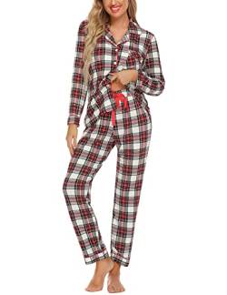 Anjue Pyjama für Frauen Weiche Knopfleiste Pyjama Set Langarm Hemd und Pyjamahose Lounge-Sets S-XXL, Weiße Karos, XXL von Anjue