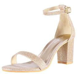 Ankis Damen Sandalen, Gold Heels für Damen, Offener Zeh Knöchelriemen Chunky Heel Pump Sandalen, Party Hochzeit Riemchenschnalle Sandalen (39 EU) von Ankis