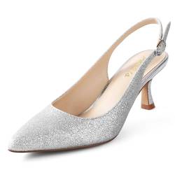 Ankis Slingback Heels für Frauen Geschlossene Zehe Damen Pumps Kätzchen Absatz Hochzeit Party Casual Kleid Schuhe, Silber Glitter, 39 EU von Ankis