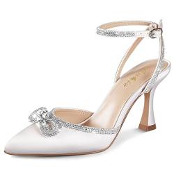 Ankis Strass Geschlossene Zehe Heels für Frauen Knöchelriemen Pumps Slingback Stiletto Hochzeit Kleid Schuhe, weiß - white satin, 41 EU von Ankis