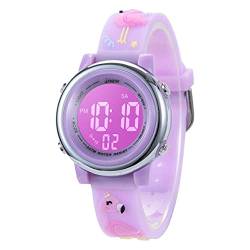 Kleinkind Kinder Digitaluhren für Mädchen Jungen,3D Cute Cartoon 7 Farblichter wasserdichte Sport Elektronische Armbanduhr mit Alarm Stoppuhr für 3-10 Jahre Kinder (Flamingo-Helllila) von Anloo