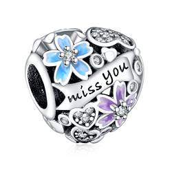 Annmors 925 Sterling Silber Bead Charms für Europäische Armbänder und Halskette Flowers Heart Miss You Perlen mit 5A Zirkonia, Weihnachten,Muttertag, Geschenkanhänger für Frauen und Mädchen von Annmors