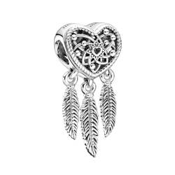 Annmors Aushöhlen Herz Traumfänger Halsketten Charms Feder Anhänger 925 Sterling Silber Sparkling Bead with Cubic Zirconioa für Chamilia und europäische Armbänder und Halskette von Annmors