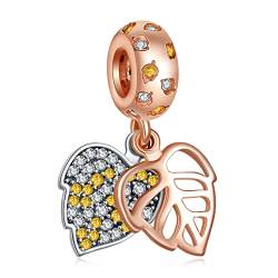 Annmors Charm Rosegold Heart Leaf Dangle Charm Anhänger 925 Sterling Silber Pendant Bead with Cubic Zirconioa für Chamilia und europäische Armbänder und Halskette von Annmors