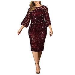 Ansenesna Abendkleid Damen Große Größen Pailletten Glitzer Elegant Kleid Für Mollige Frauen Mit Ärmel Knielang Festlich Hochzeit Kleider (Weinrot,L) von Ansenesna