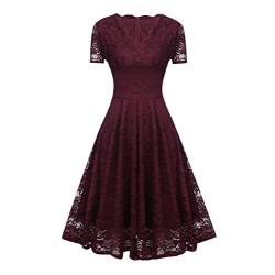 Ansenesna Abendkleid Für Hochzeit Damen Knielang Elegant Vokuhila Kleid Frauen Mit ärmeln V Ausschnitt Cocktailkleid A Linie Spitze Festlich Bordeaux Partykleid von Ansenesna