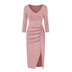 Ansenesna Abendkleider Damen mit Schlitz Glitzer Elegant Kleid Frauen Party Festlich Hochzeit Cocktailkleid V Ausschnitt Langarm Abschlussball Kleider (Rosa,M) von Ansenesna