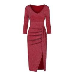 Ansenesna Abendkleider Damen mit Schlitz Glitzer Elegant Kleid Frauen Party Festlich Hochzeit Cocktailkleid V Ausschnitt Langarm Abschlussball Kleider (Rot, l) von Ansenesna