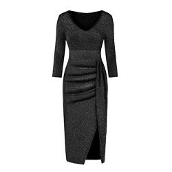 Ansenesna Abendkleider Damen mit Schlitz Glitzer Elegant Kleid Frauen Party Festlich Hochzeit Cocktailkleid V Ausschnitt Langarm Abschlussball Kleider (Schwarz, s) von Ansenesna